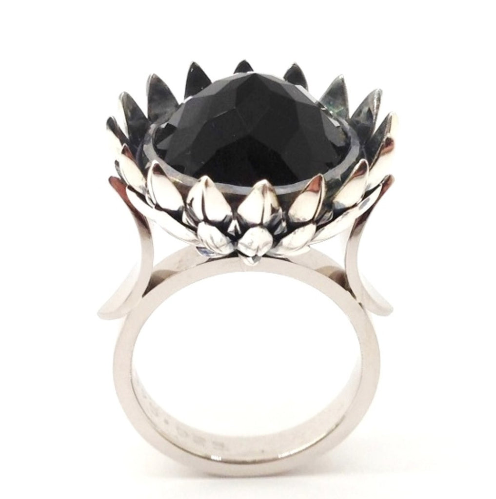 Protea Ring, 9K White Gold and Sterling Silver with Rose Cut Onynx