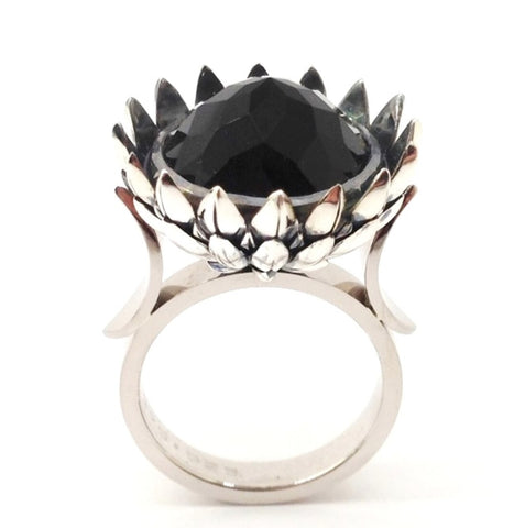 Protea Ring, 9K White Gold and Sterling Silver with Rose Cut Onynx