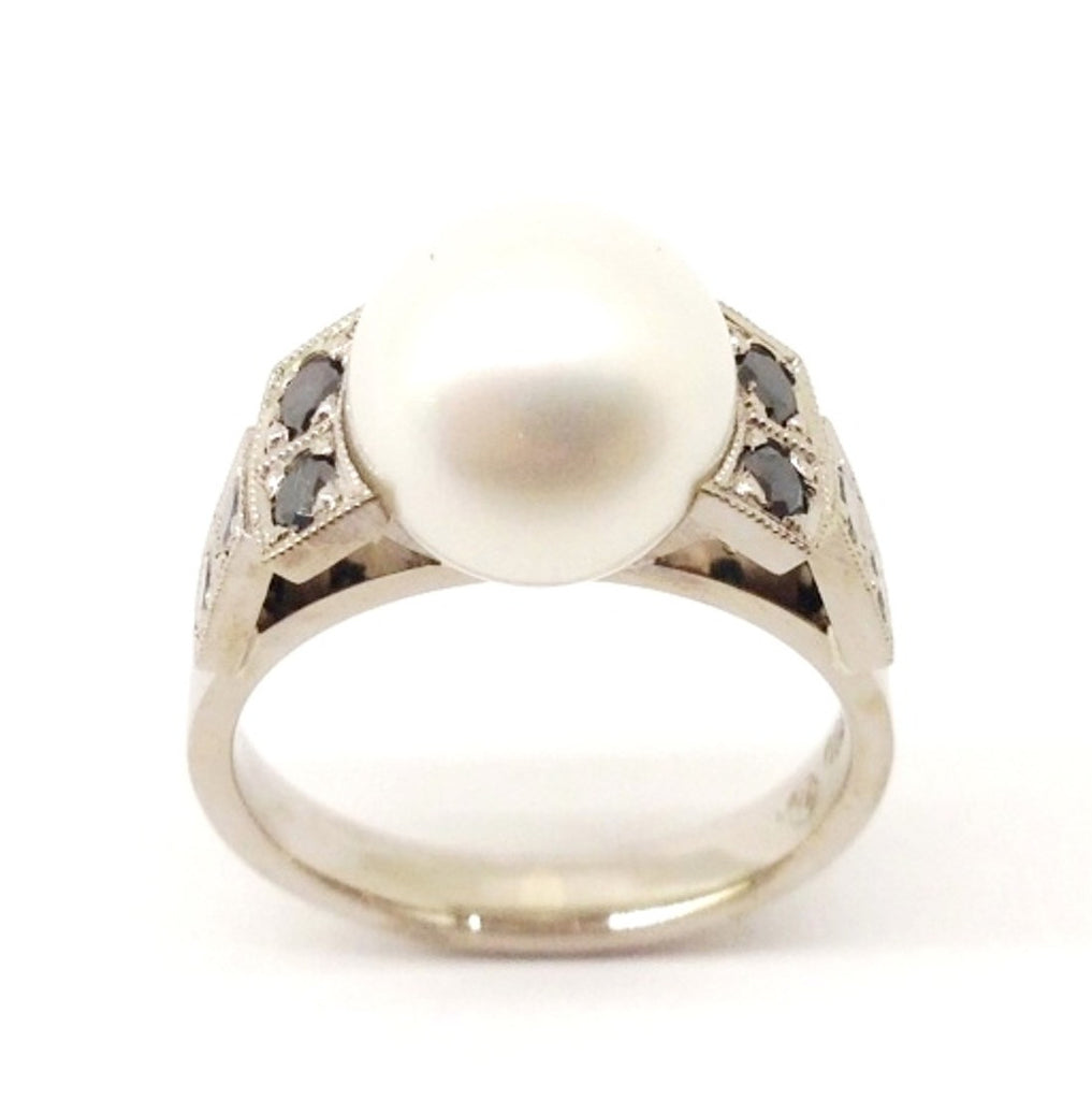 Handcrafted Pearl Ring, 18 K White Gold with Black Diamonds and a 11 mm South Sea Pearl